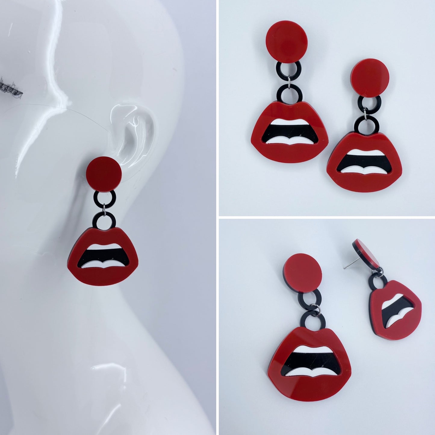 Drop Dangle Acrylic Red Lips Post Back Earrings