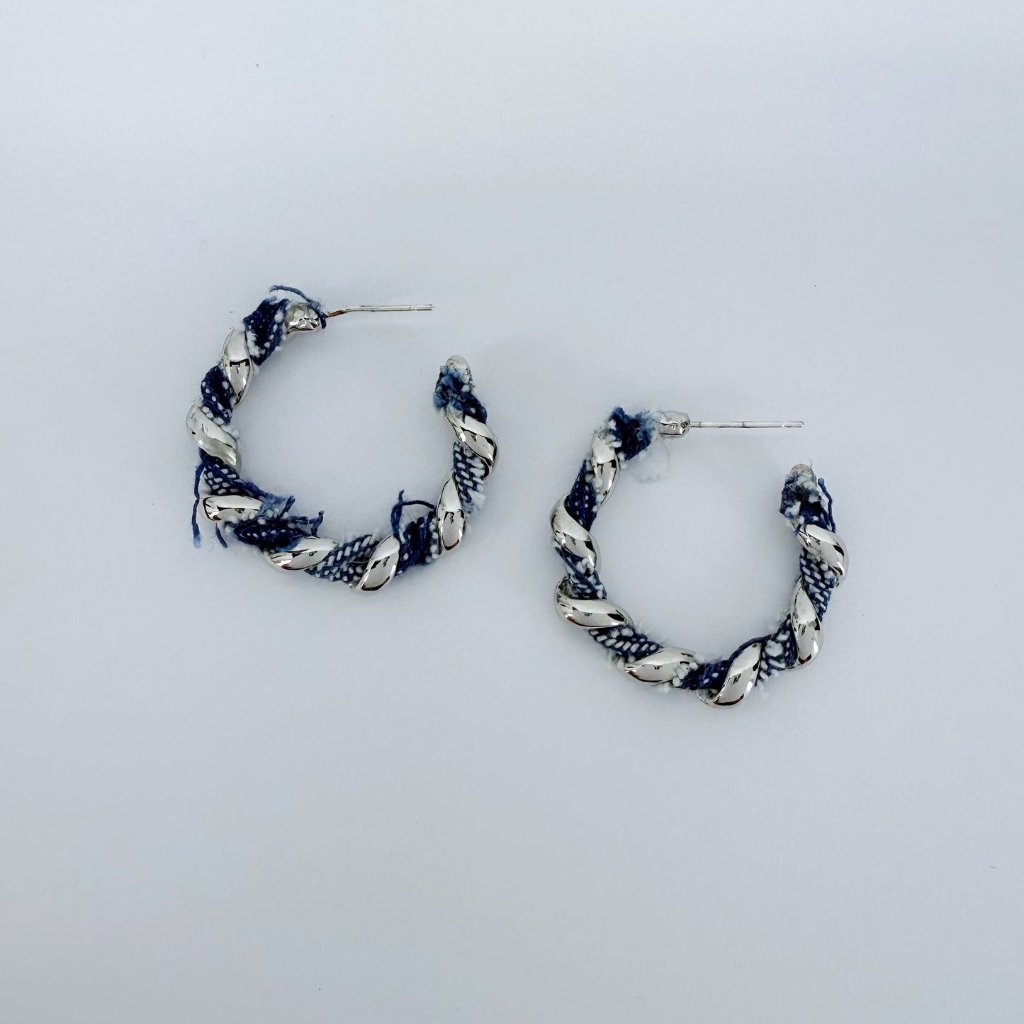 Small Silver Finish Twisted Hoop with Denim Earrings