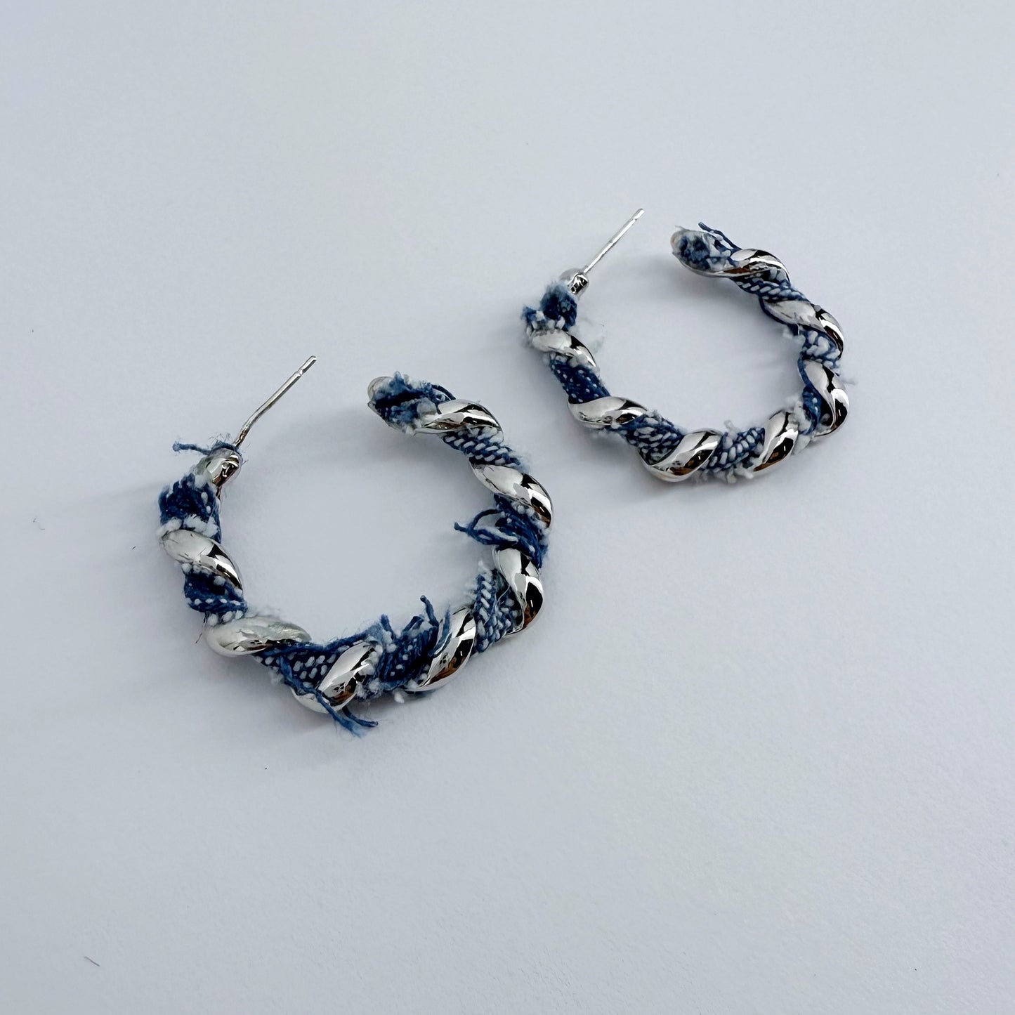 Small Silver Finish Twisted Hoop with Denim Earrings