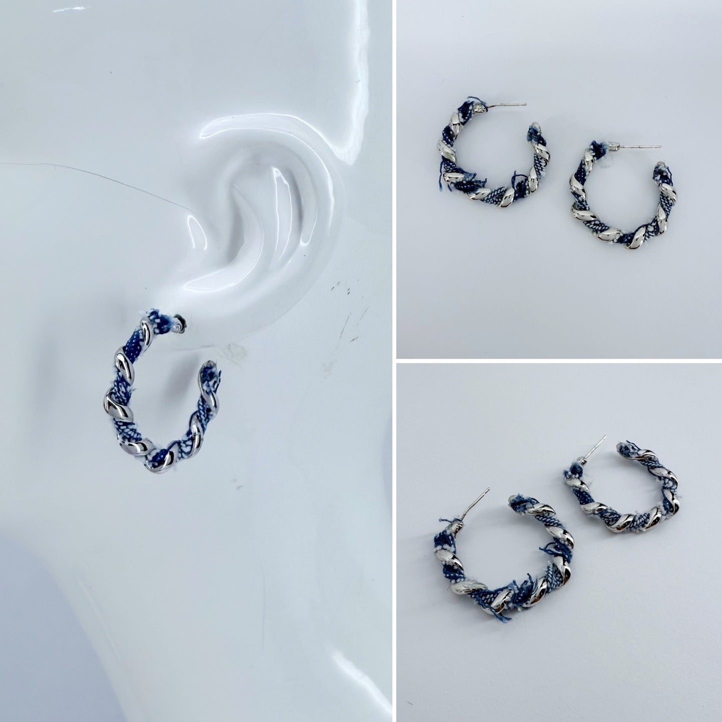 Small Silver Finish Twisted Hoop with Denim Earrings