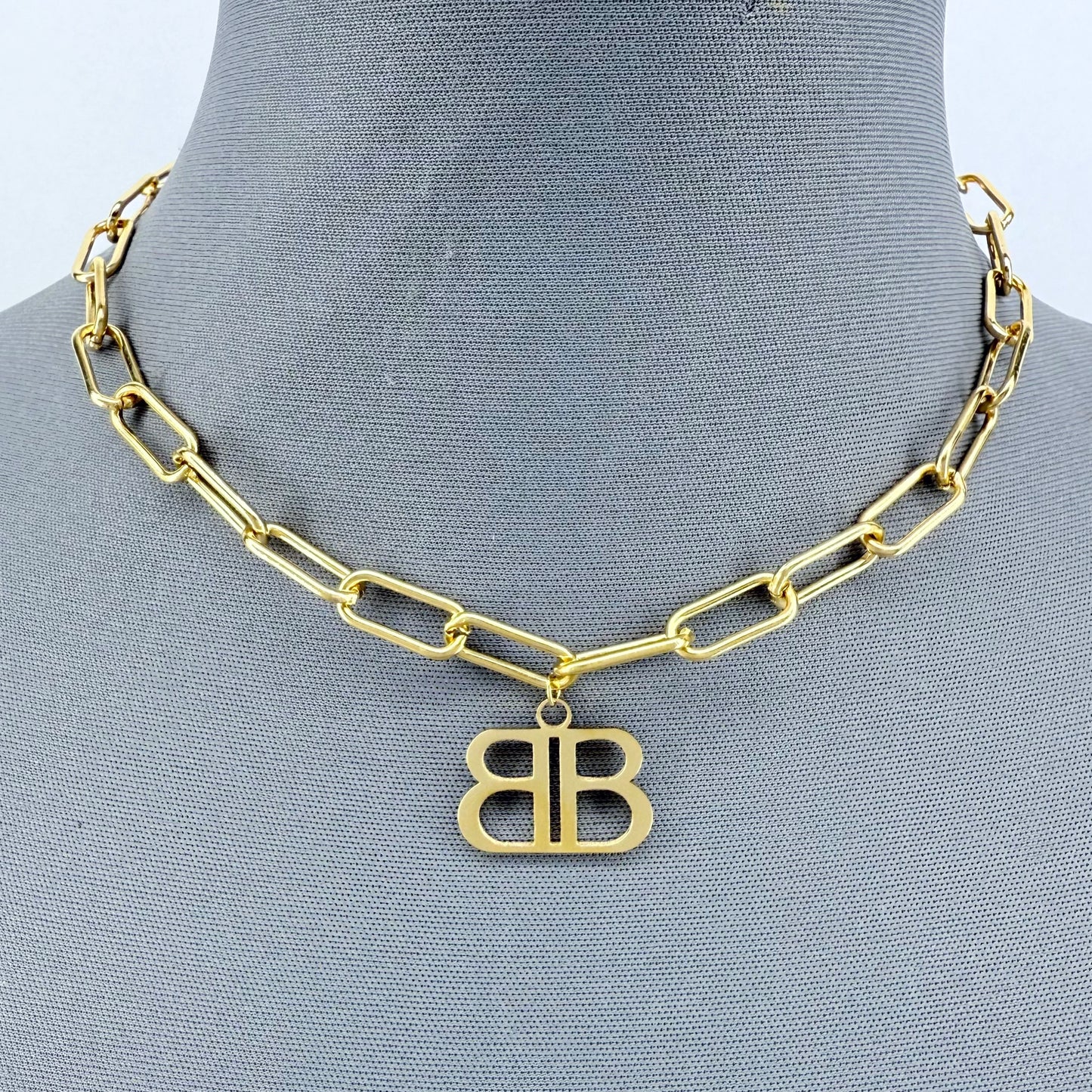 Stainless Steel Gold or Silver Finish Paper Clip Chain Necklace B Pendant