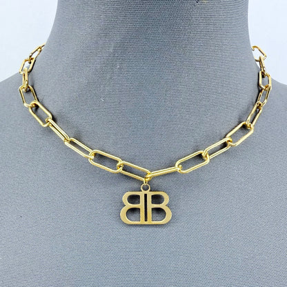 Stainless Steel Gold or Silver Finish Paper Clip Chain Necklace B Pendant