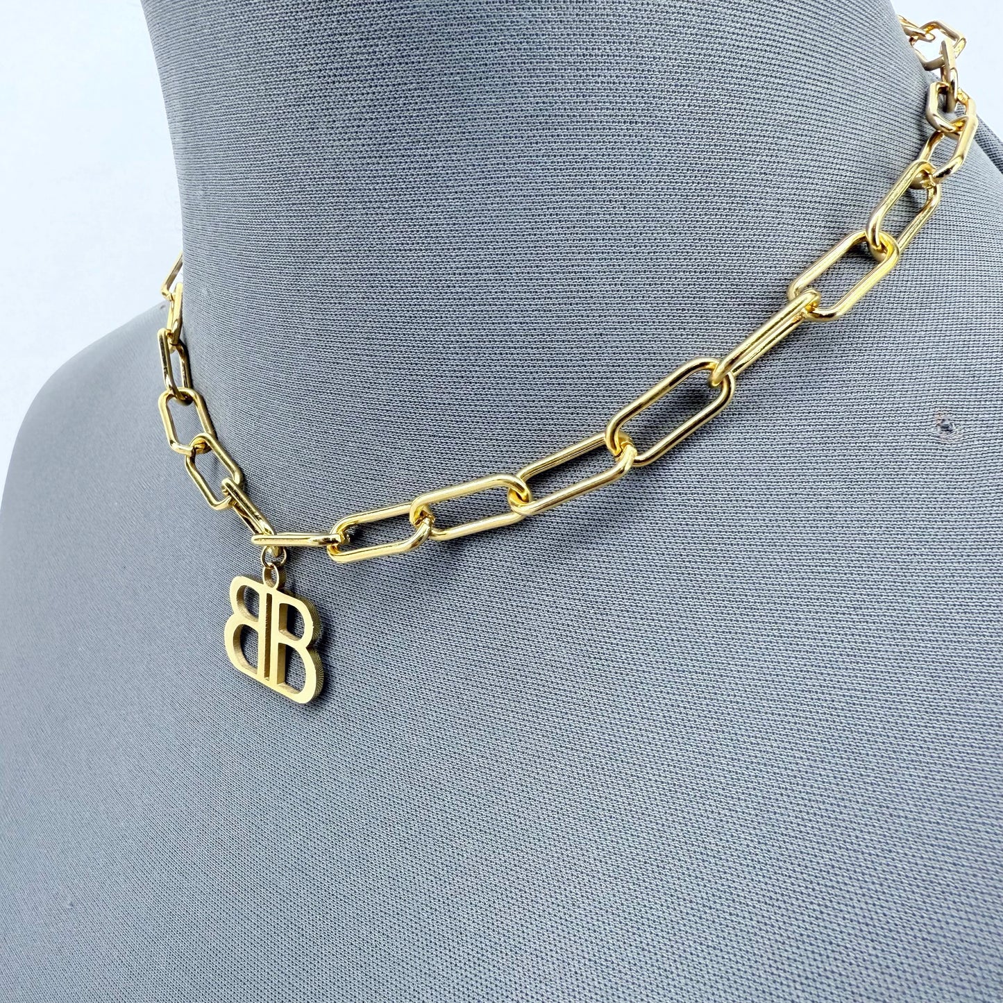 Stainless Steel Gold or Silver Finish Paper Clip Chain Necklace B Pendant