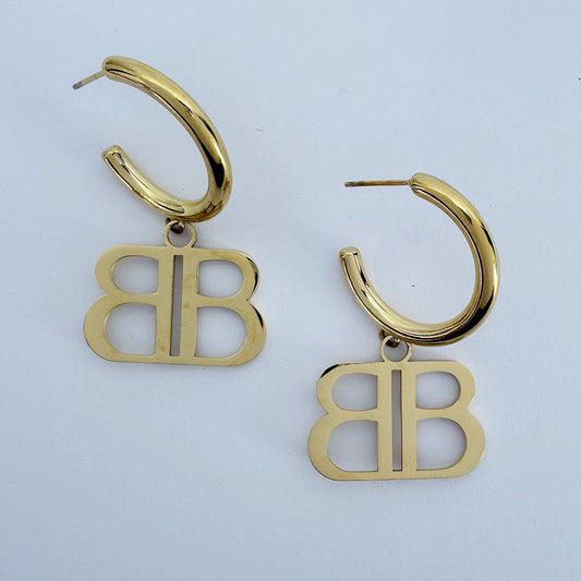 Stainless Steel Gold or Silver Finish Earrings with B Charm