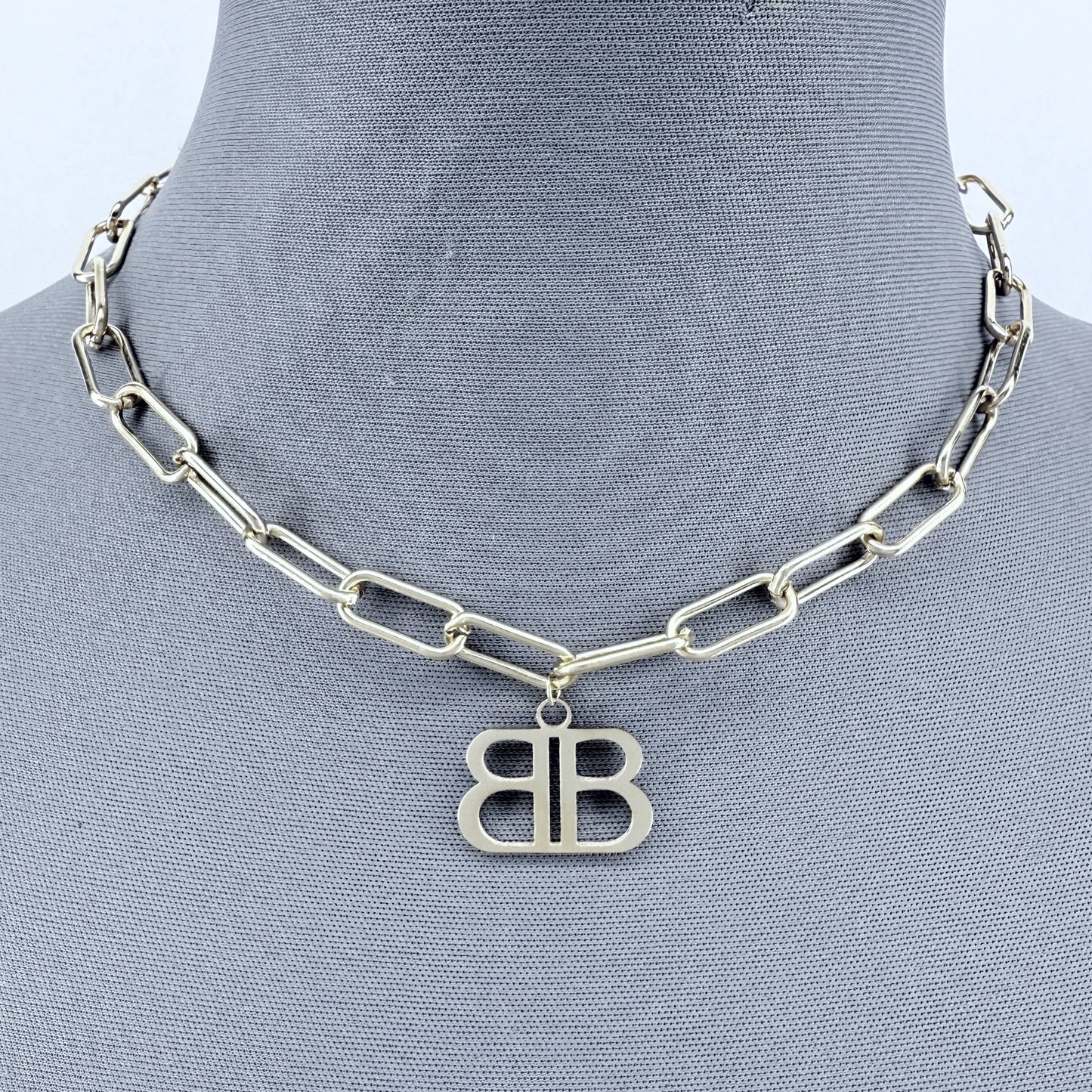 Stainless Steel Gold or Silver Finish Paper Clip Chain Necklace B Pendant