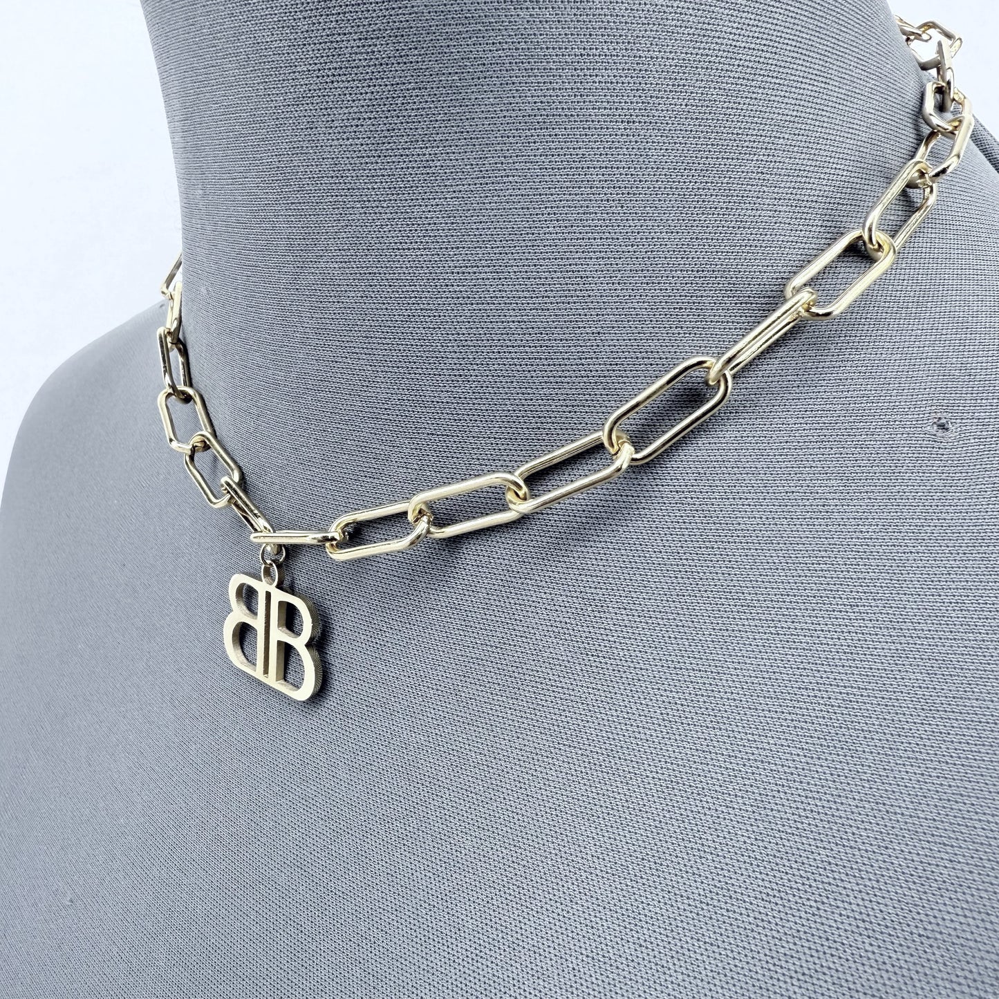 Stainless Steel Gold or Silver Finish Paper Clip Chain Necklace B Pendant