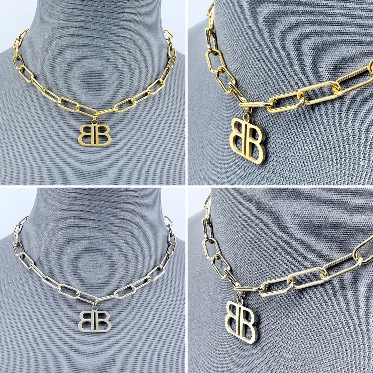 Stainless Steel Gold or Silver Finish Paper Clip Chain Necklace B Pendant