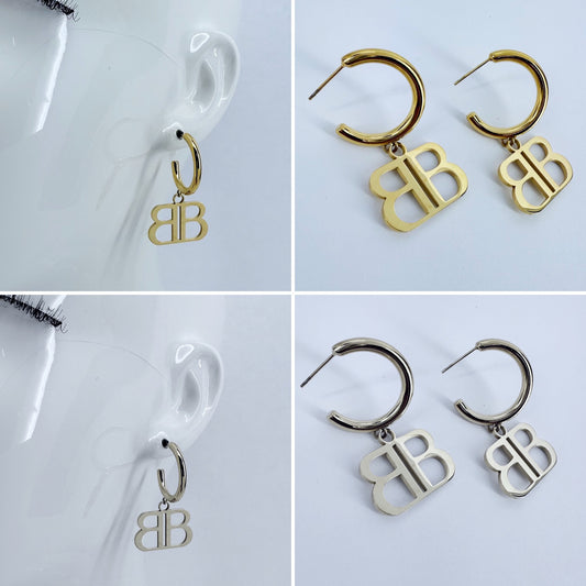 Stainless Steel Gold or Silver Finish Earrings with B Charm