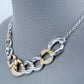 Silver Finish Link Chain Necklace With Two Tones Gold And Silver And Clear Rhinestones