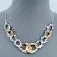 Silver Finish Link Chain Necklace With Two Tones Gold And Silver And Clear Rhinestones