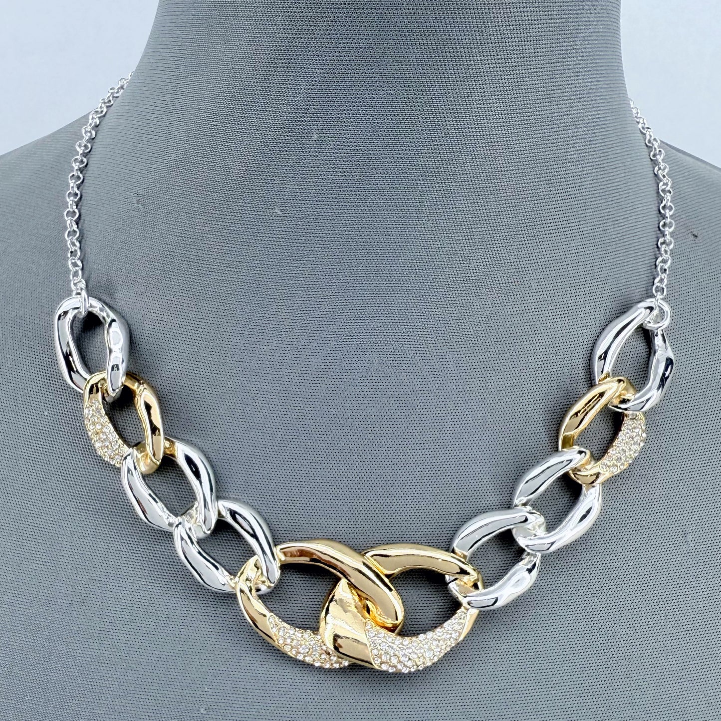 Silver Finish Link Chain Necklace With Two Tones Gold And Silver And Clear Rhinestones