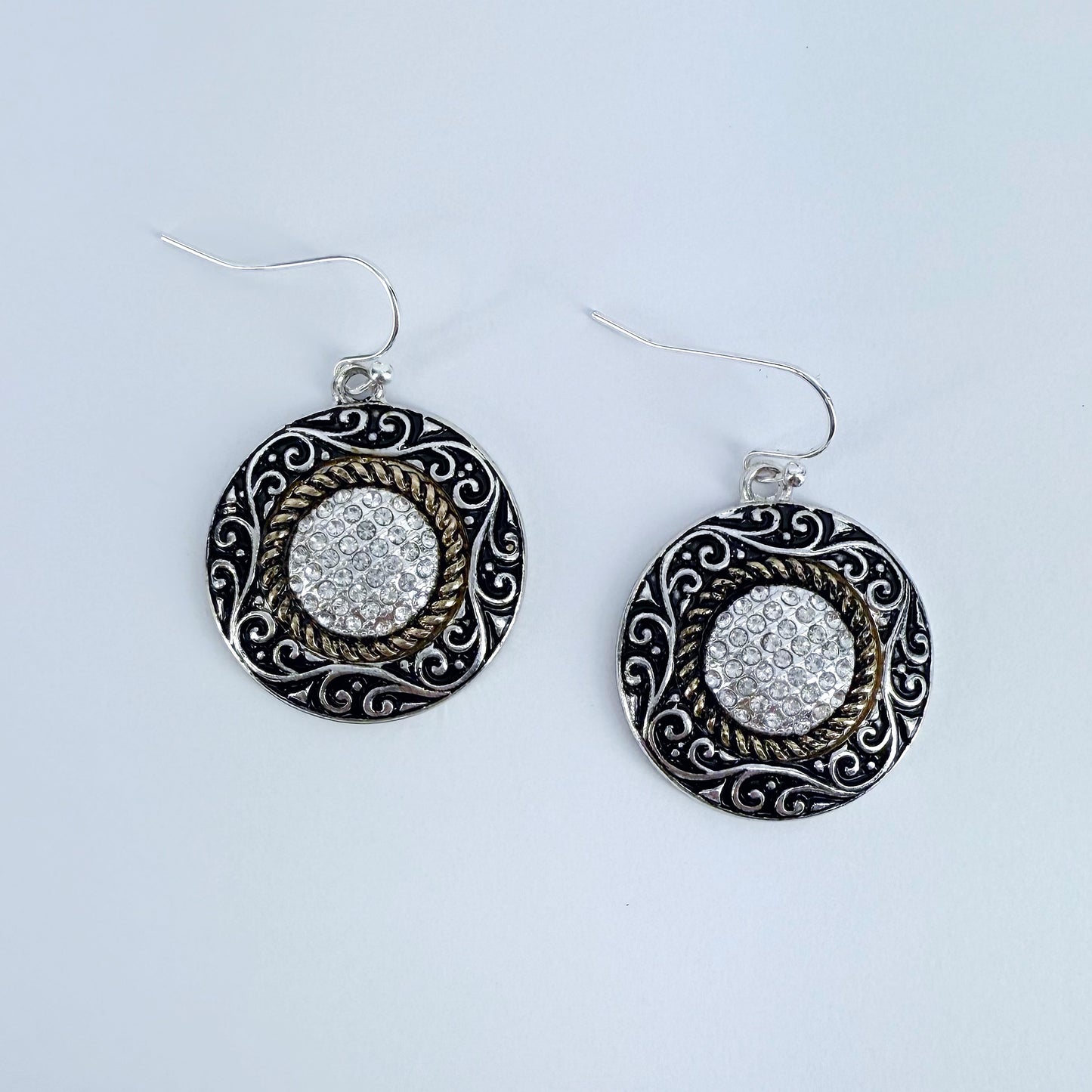 2 Tone Round Earrings with Rhinestones