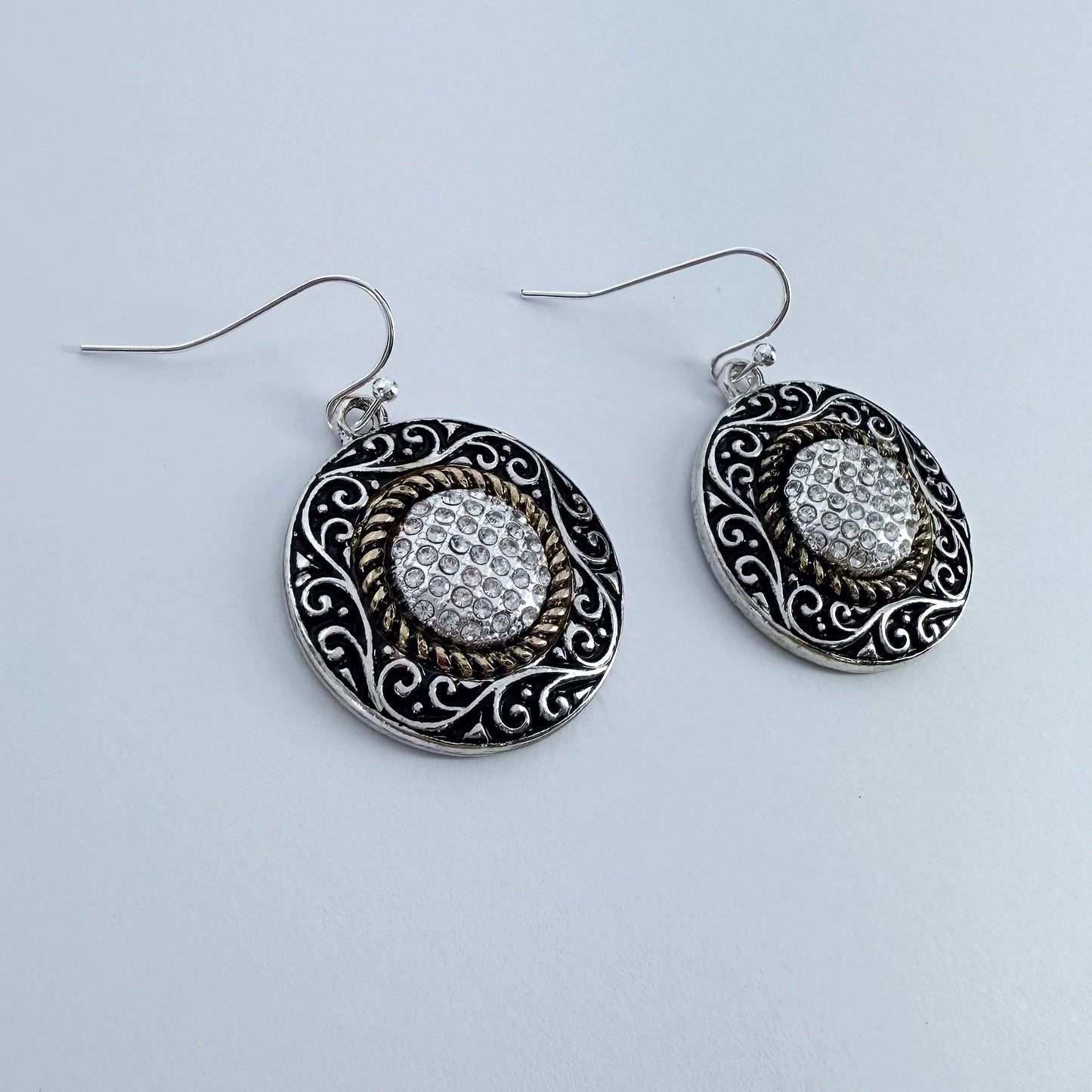 2 Tone Round Earrings with Rhinestones
