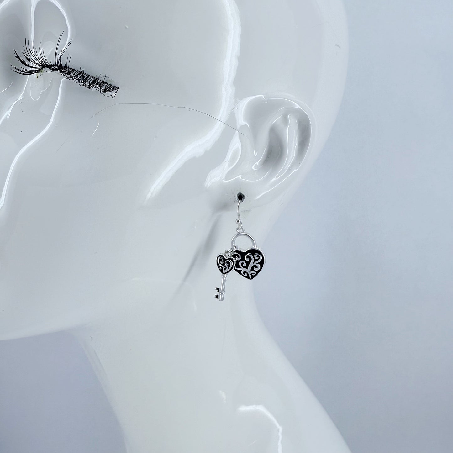 Silver Finish Filigree Earrings With Heart Lock And Key Drop Dangle