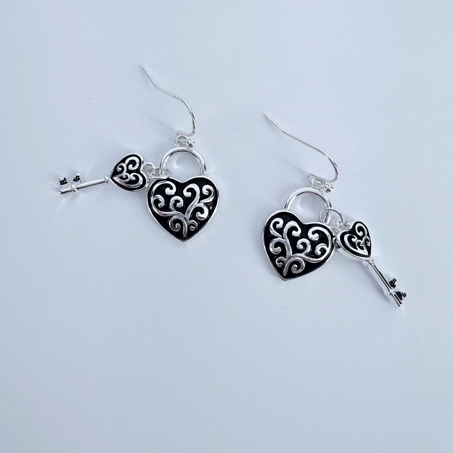 Silver Finish Filigree Earrings With Heart Lock And Key Drop Dangle