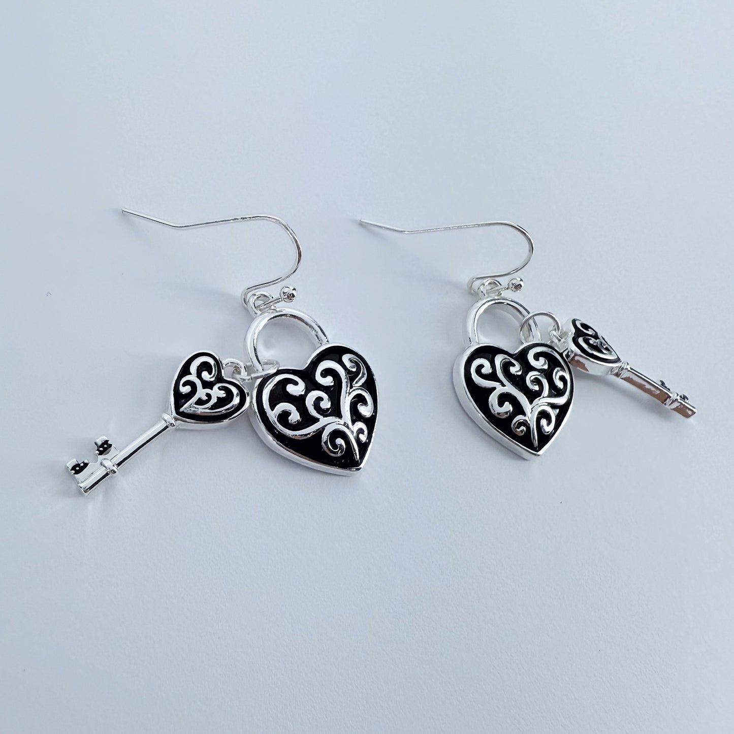 Silver Finish Filigree Earrings With Heart Lock And Key Drop Dangle