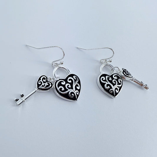 Silver Finish Filigree Earrings With Heart Lock And Key Drop Dangle