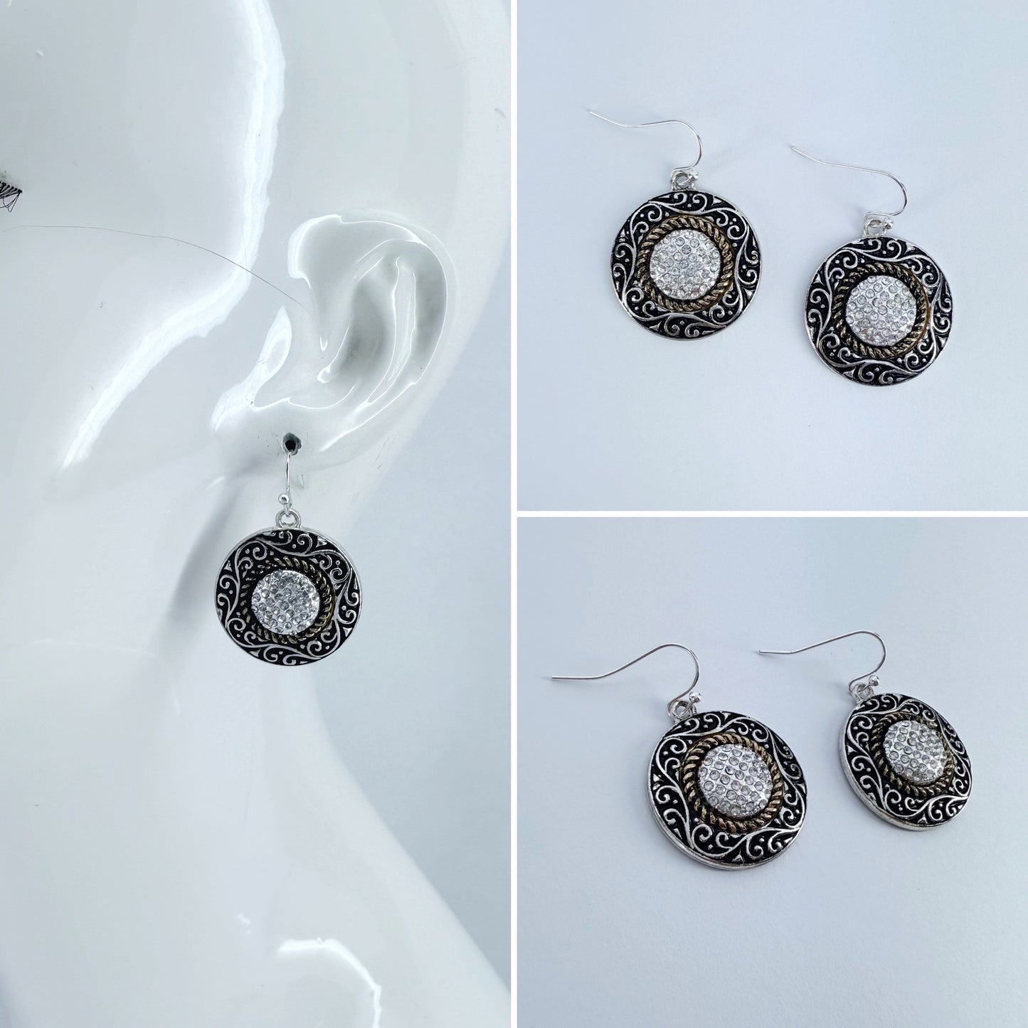 2 Tone Round Earrings with Rhinestones