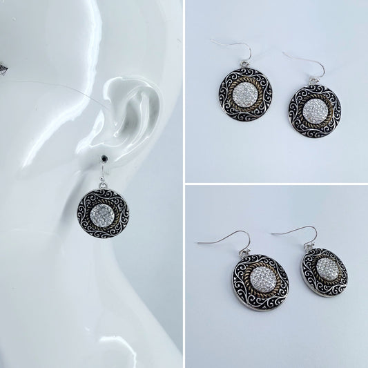 2 Tone Round Earrings with Rhinestones