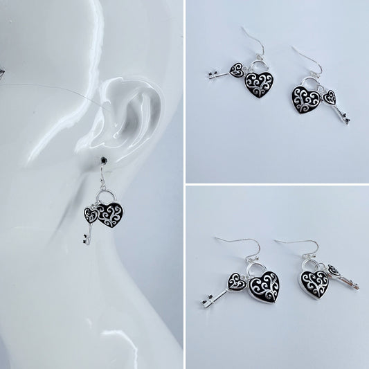 Silver Finish Filigree Earrings With Heart Lock And Key Drop Dangle