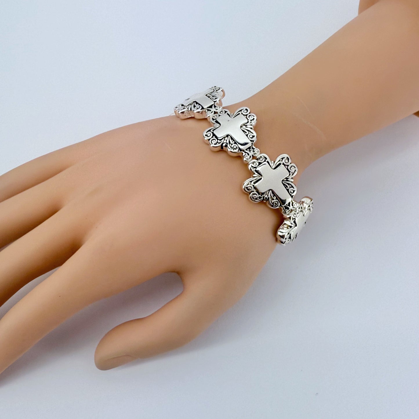 Silver Finish Filigree Stretchable Cross Design Bracelet
