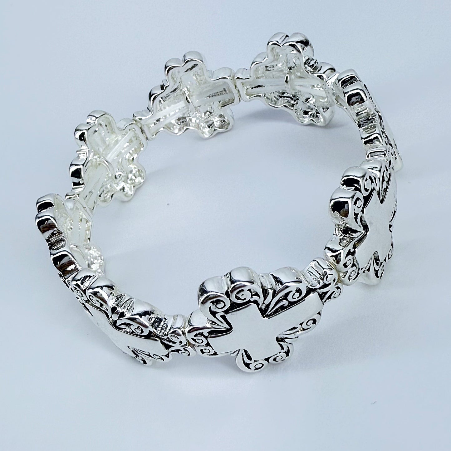 Silver Finish Filigree Stretchable Cross Design Bracelet