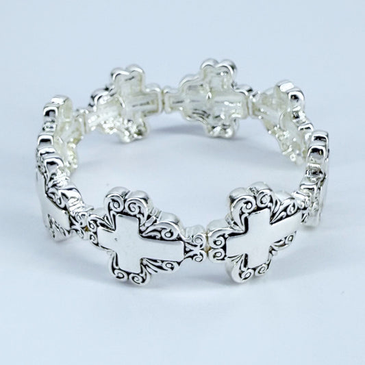Silver Finish Filigree Stretchable Cross Design Bracelet