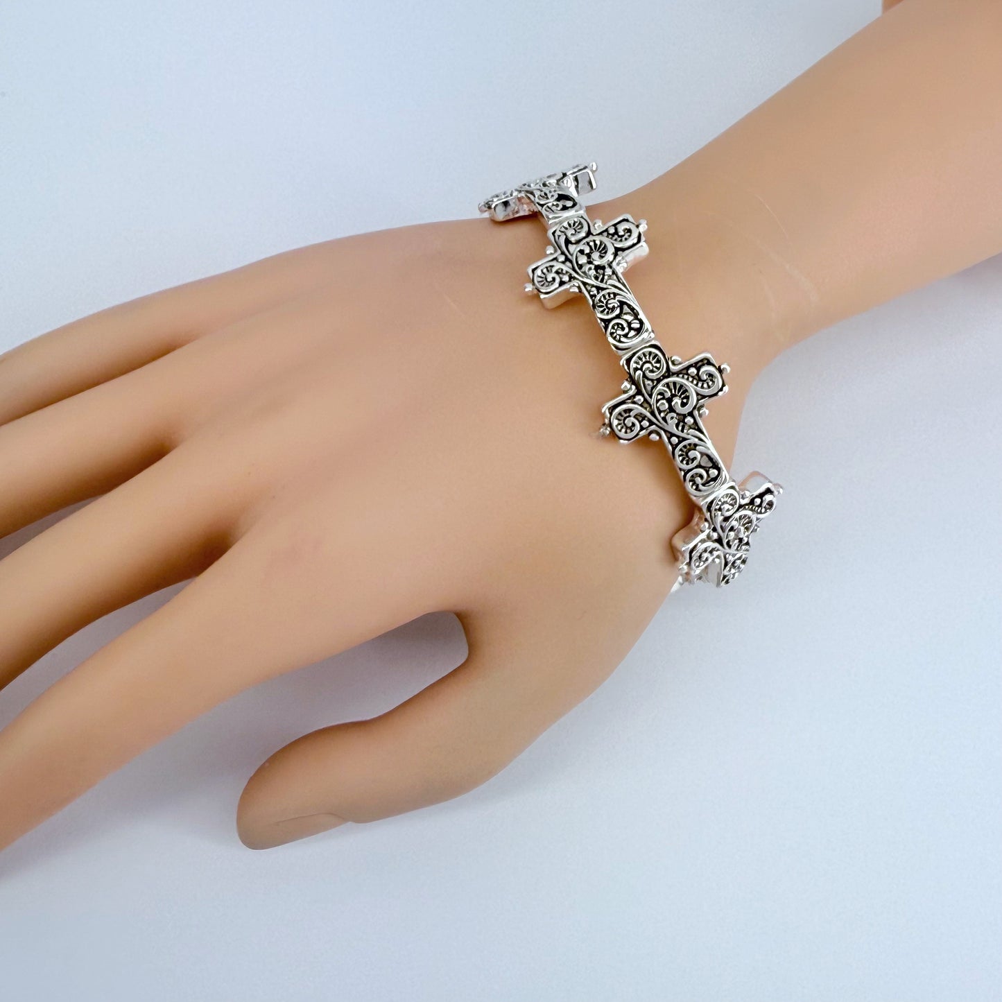 Silver Finish Filigree Design Cross Bracelet