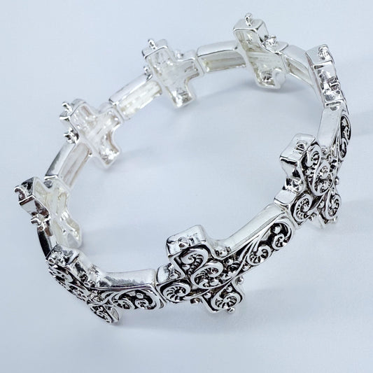 Silver Finish Filigree Design Cross Bracelet