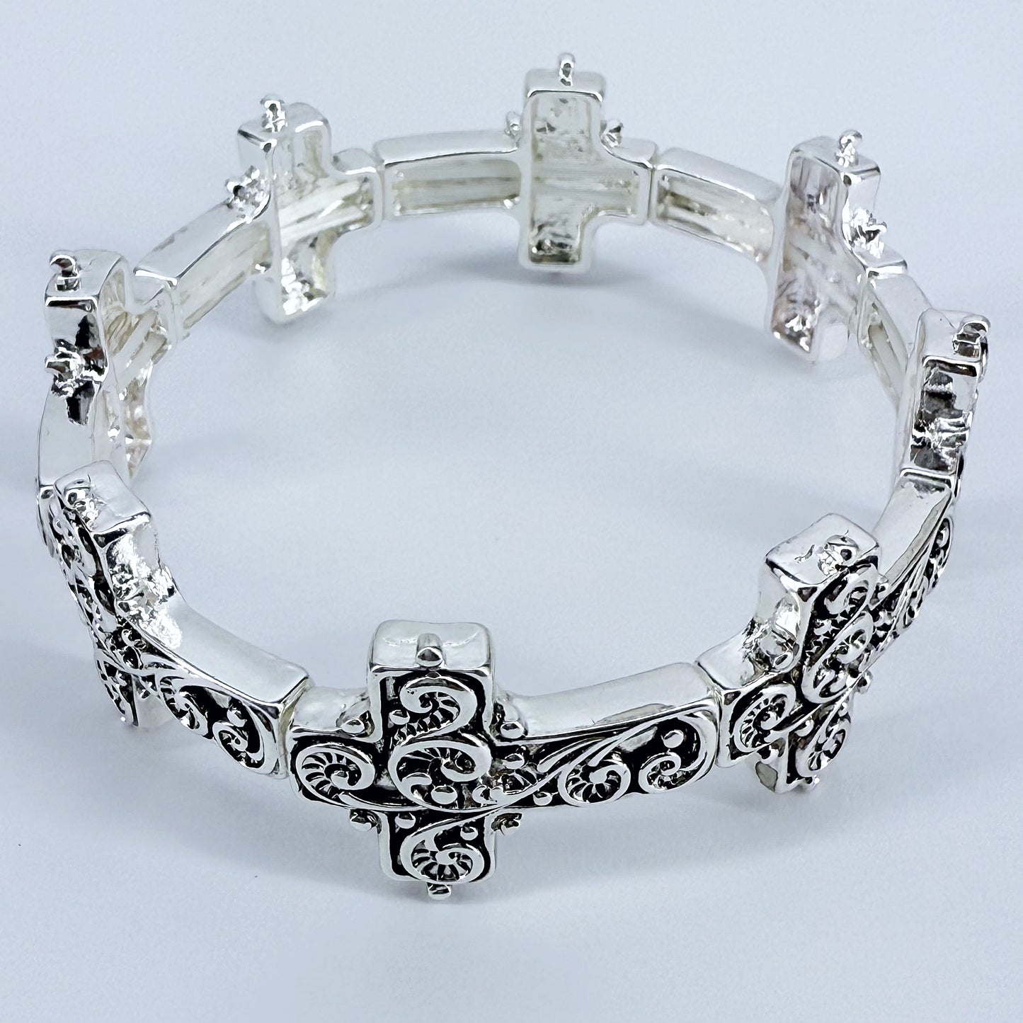 Silver Finish Filigree Design Cross Bracelet