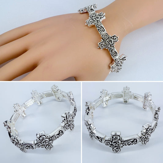 Silver Finish Filigree Design Cross Bracelet