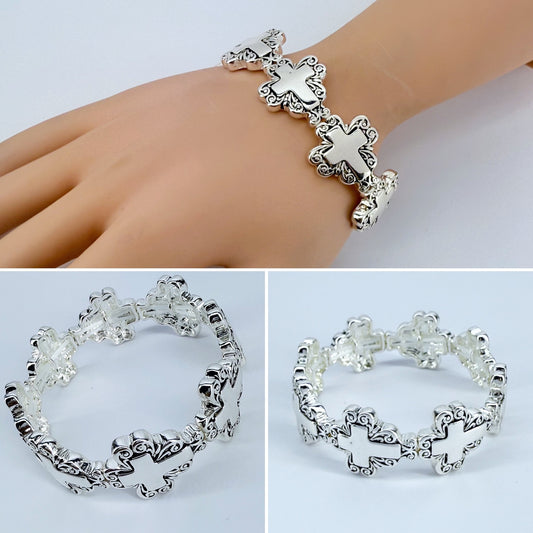 Silver Finish Filigree Stretchable Cross Design Bracelet
