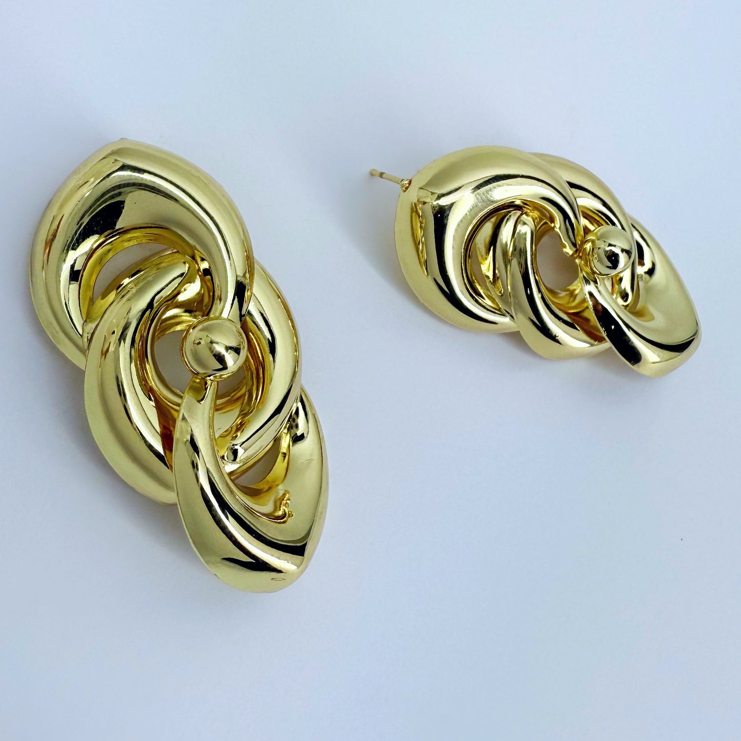 Gold Finish Metal Post Back Triple Link Earrings