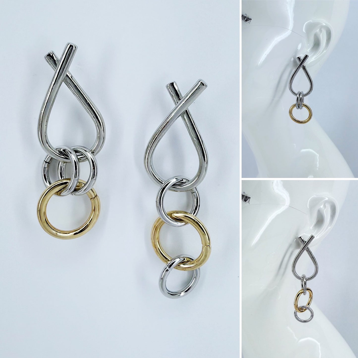 2 Tones Post Back Rings Shape Earrings