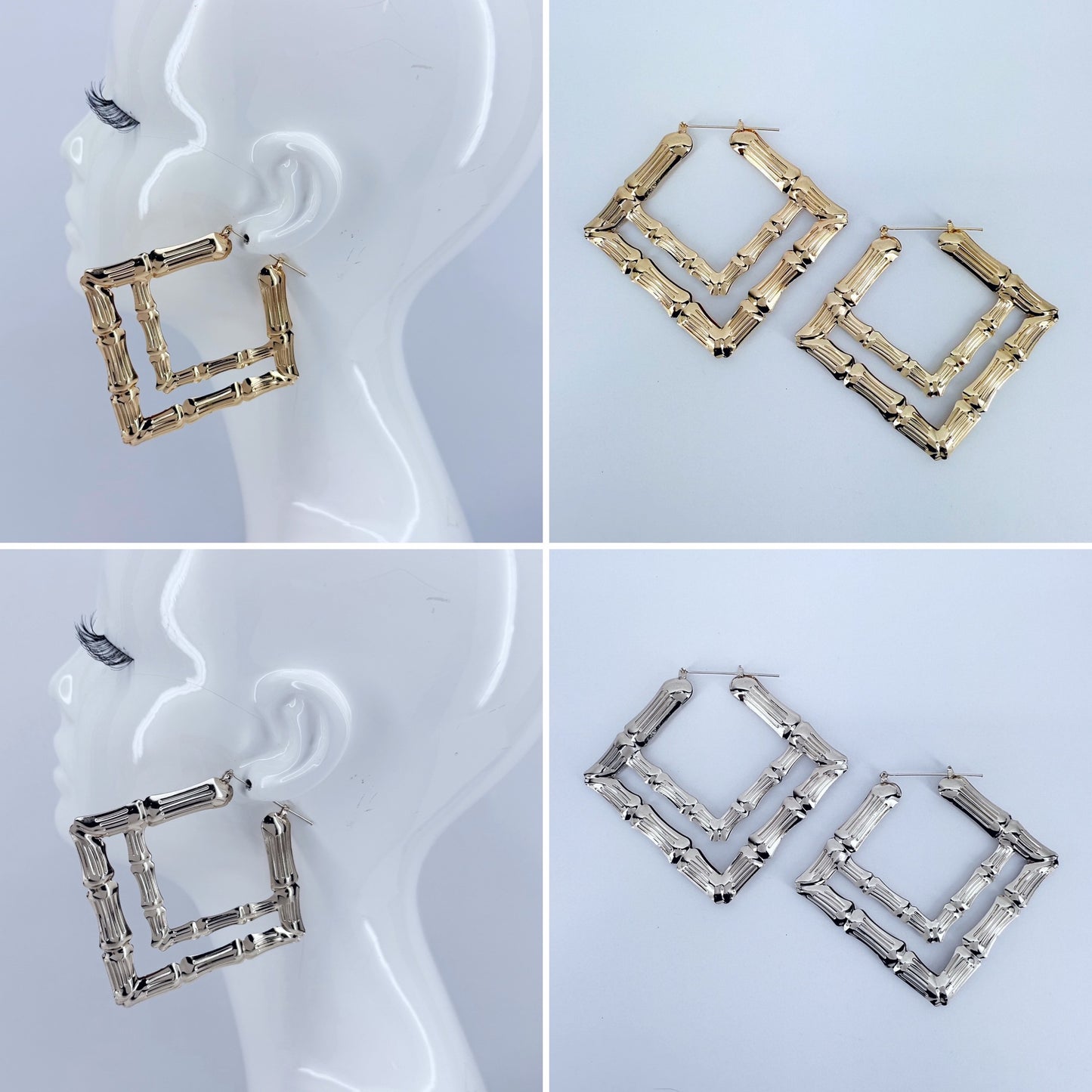Double Square Shape Hoop Bamboo design Earrings