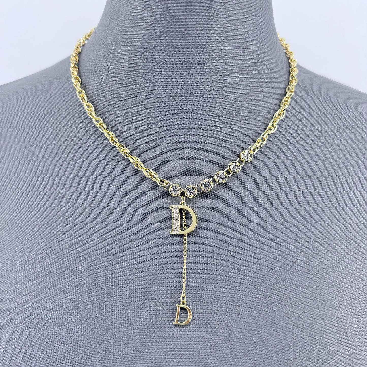 Gold or Silver Finish Rhinestones Initial D Necklace