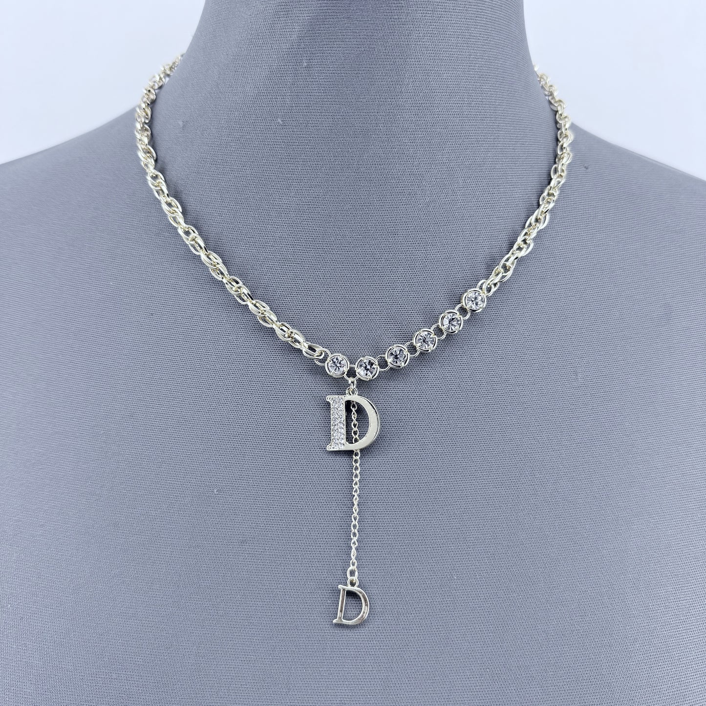 Gold or Silver Finish Rhinestones Initial D Necklace