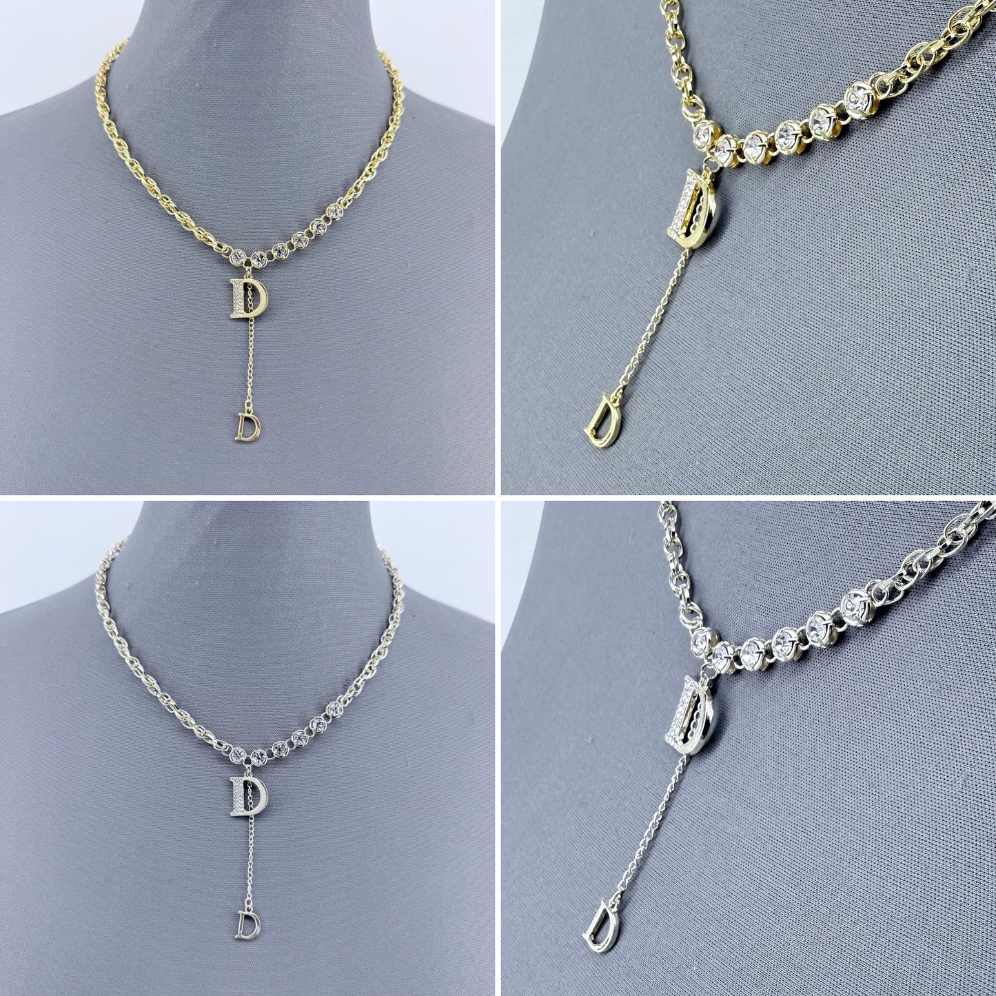 Gold or Silver Finish Rhinestones Initial D Necklace