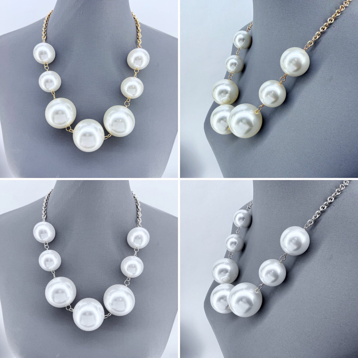 Gold or Silver Finish Large Pearl Statement Necklace