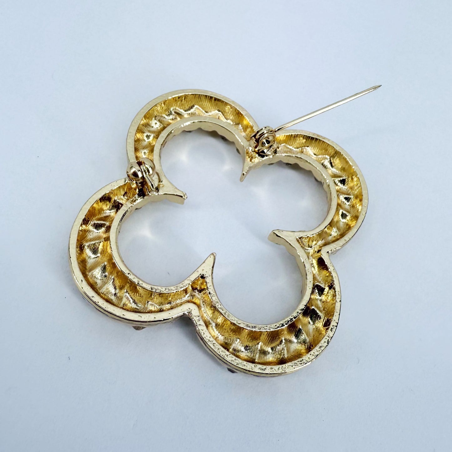 Gold Or Silver Brooch Clover Design With Rhinestones