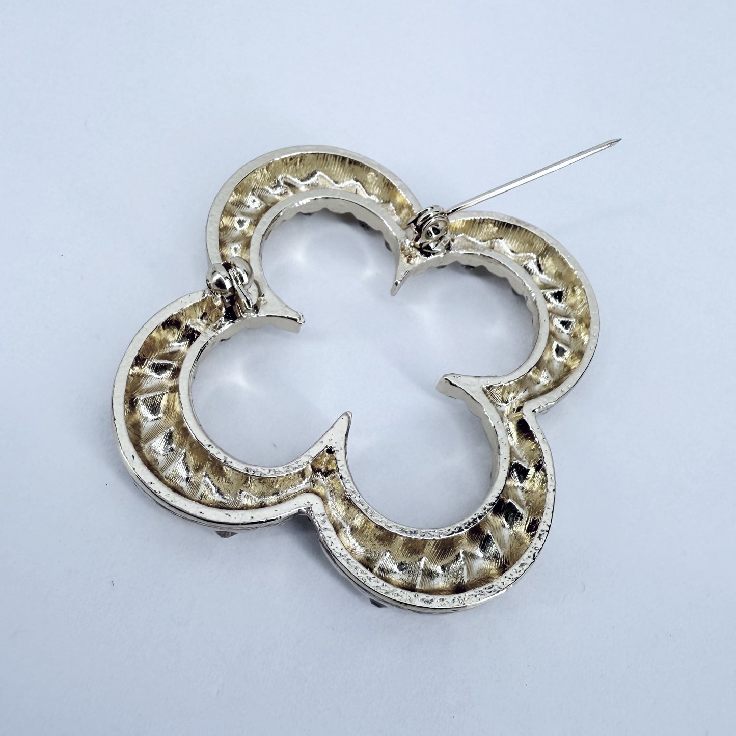 Gold Or Silver Brooch Clover Design With Rhinestones