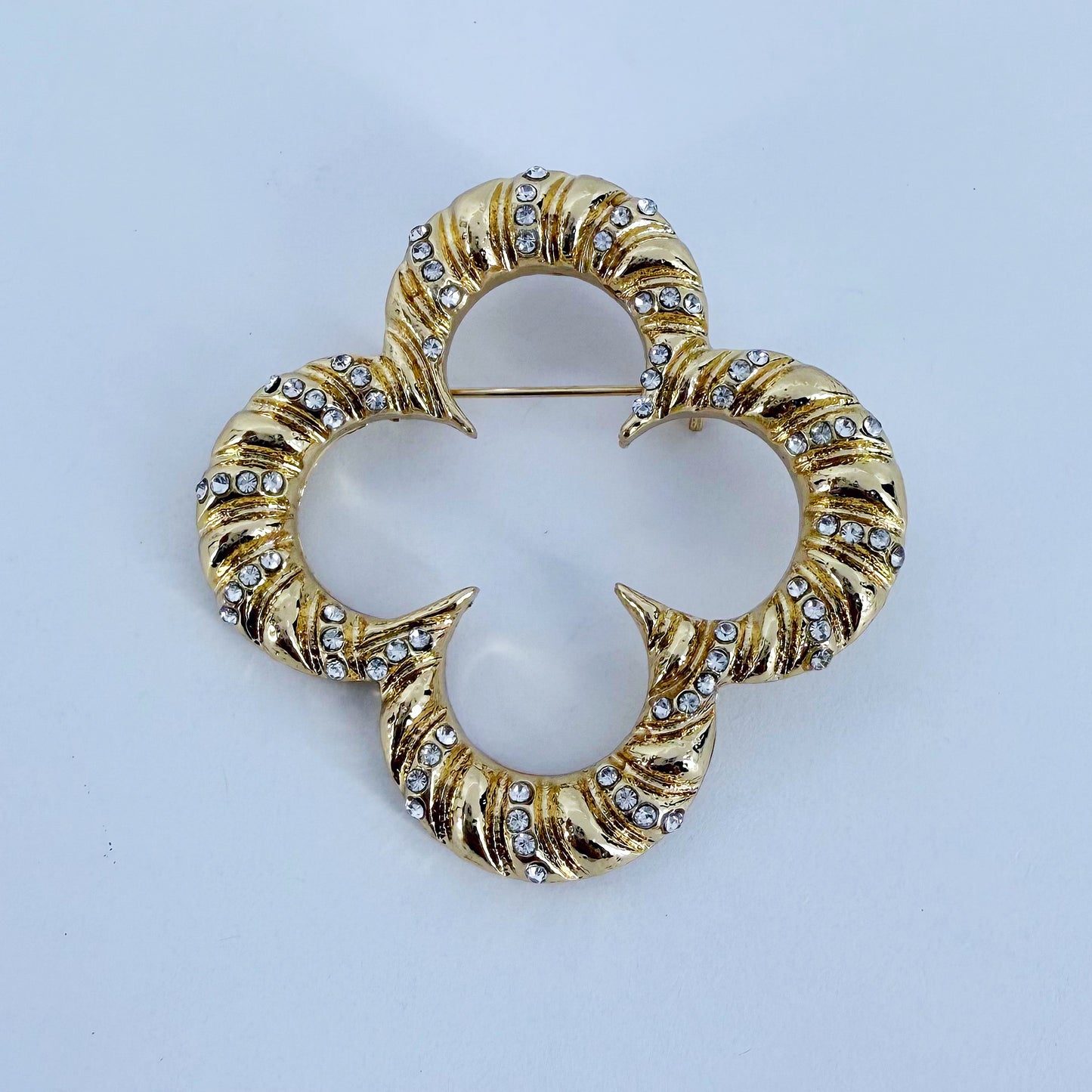 Gold Or Silver Brooch Clover Design With Rhinestones