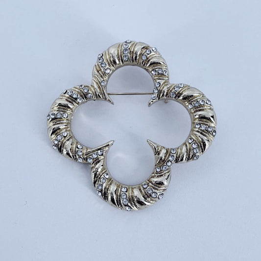 Gold Or Silver Brooch Clover Design With Rhinestones