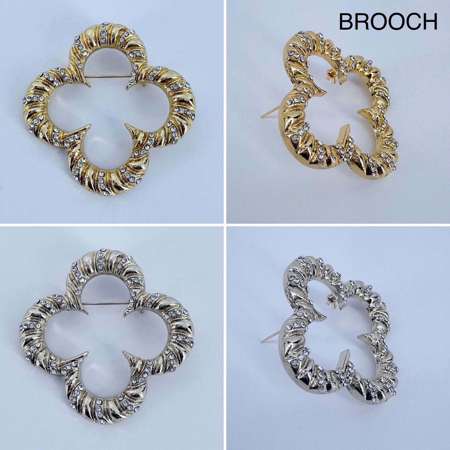 Gold Or Silver Brooch Clover Design With Rhinestones