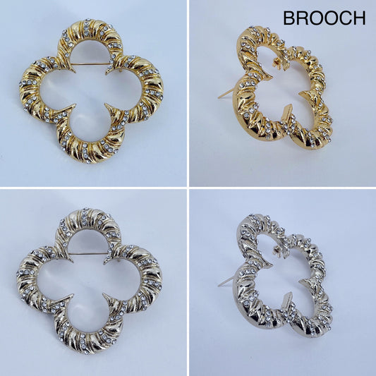 Gold Or Silver Brooch Clover Design With Rhinestones
