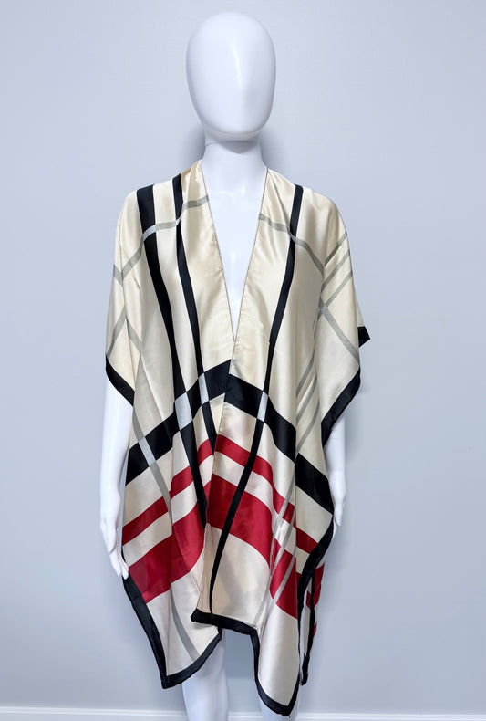 Beige Black and Red Silk Feel Check Pattern Shawl Kimono