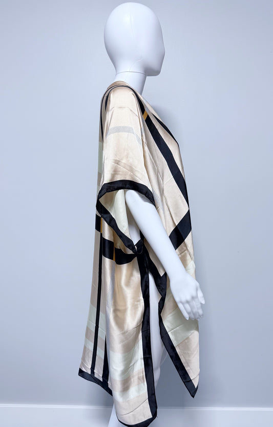 Beige, Black and Yellow Silk Feel Check Pattern Shawl Kimono
