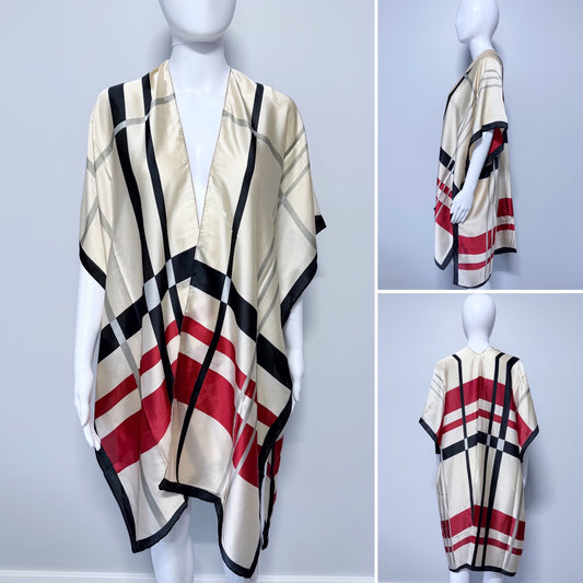 Beige Black and Red Silk Feel Check Pattern Shawl Kimono