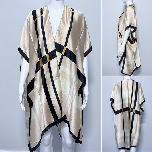 Beige, Black and Yellow Silk Feel Check Pattern Shawl Kimono