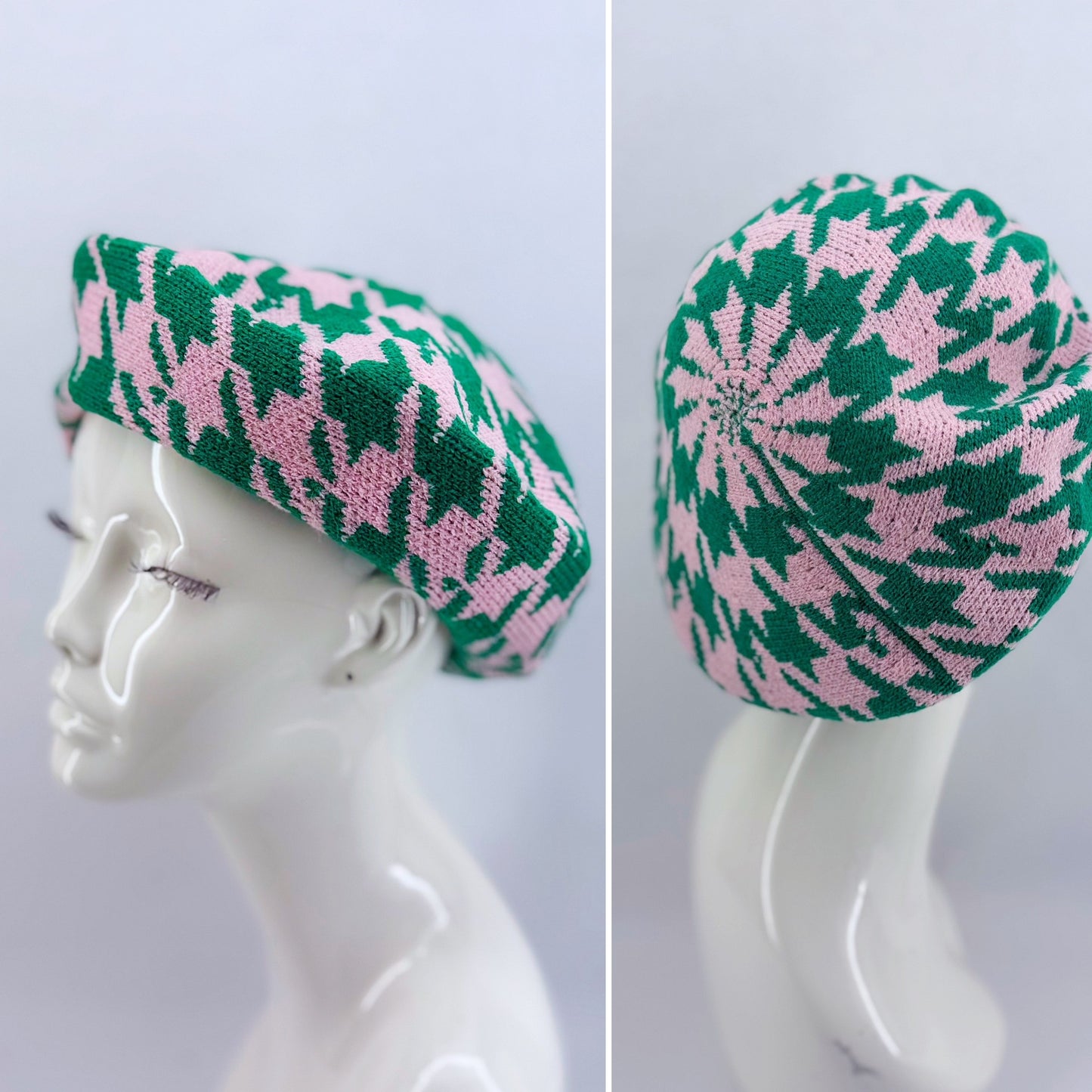 Pink and Green Houndstooth Print Beret Tam Hat